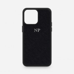 Zwart leren iPhone-hoesje, gepersonaliseerd telefoonhoesje, saffianoleer, iPhone 16 Pro Max, 15 Pro Max, 14, 13, 12 11 XR XS X monogram initialen