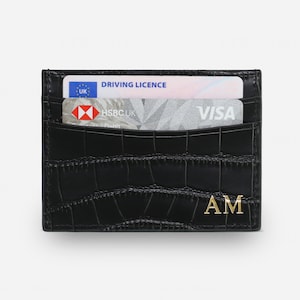 Portafoglio porta carte personalizzato, porta carte in pelle di coccodrillo nera, portafoglio porta carte di credito con monogramma, personalizzato, idee regalo per matrimonio, regalo per papà
