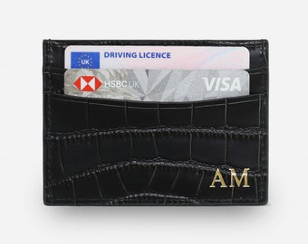 Personalised Card Wallet, Black Croc Leather Card Holder, Monogrammed Credit Card Wallet, Personalised, Wedding Gift Ideas, Gift for Dad