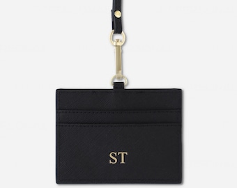 Personalized Saffiano Leather ID Badge Holder Lanyard - Gold Foil Initials