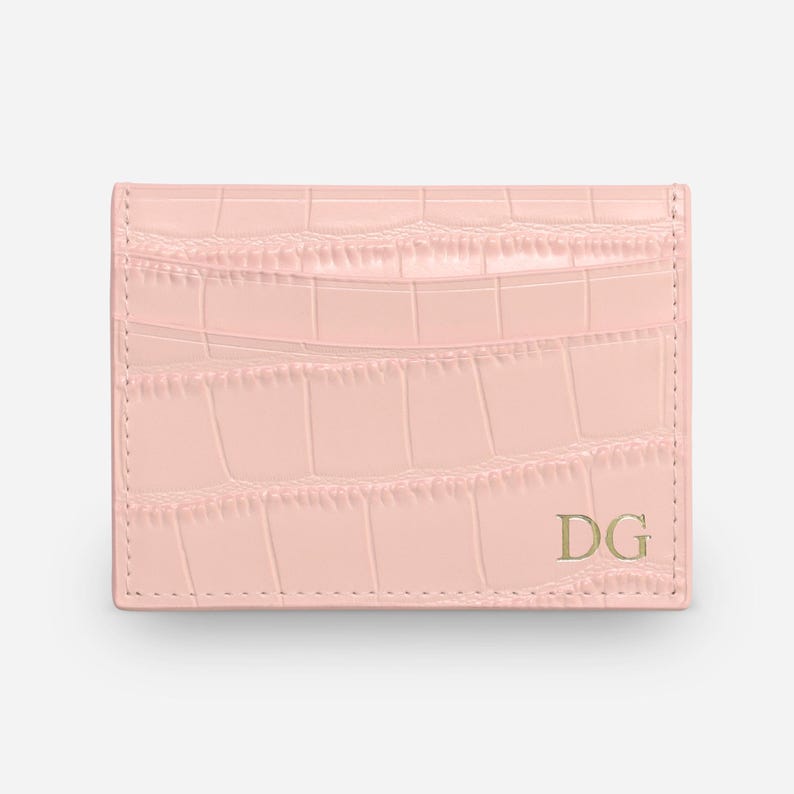 Personalised Card Wallet, Black Croc Leather Card Holder, Monogrammed Credit Card Wallet, Personalised, Wedding Gift Ideas, Gift for Dad Peach Croc