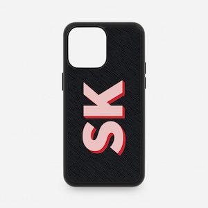 Zwart lederen iPhone 16 Pro Max telefoonhoesje, iPhone 15 14 13 12 11 XS X Plus saffiano monogram initialen aangepast gepersonaliseerde schaduwtekst