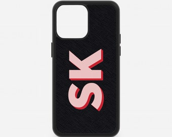 Black Leather iPhone 15 Pro Max Phone Case, iPhone 14 13 12 11 Mini XS X Plus Saffiano Monogram Initials Customised Personalised Shadow Text