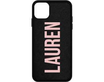 Personalized Black Saffiano Leather iPhone Case, Monogram Name Cover