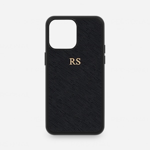 Zwart lederen iPhone 14 Pro Max telefoonhoesje, Saffiano iPhone 14, 13, 12, 11, Mini Xs Xr X monogram initialen aangepast warm folie gepersonaliseerd