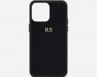 Black Leather iPhone 14 Pro Max Phone Case, Saffiano iPhone 14, 13, 12, 11, Mini Xs Xr X Monogram Initials Customised Hot Foil Personalised