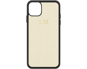 Ivory Leather Phone Case, iPhone 14 Pro Max Case, Saffiano Embossed 13 12 11 Xs Xr X 8 Plus Mini Monogram Initials Cover Foil Personalised