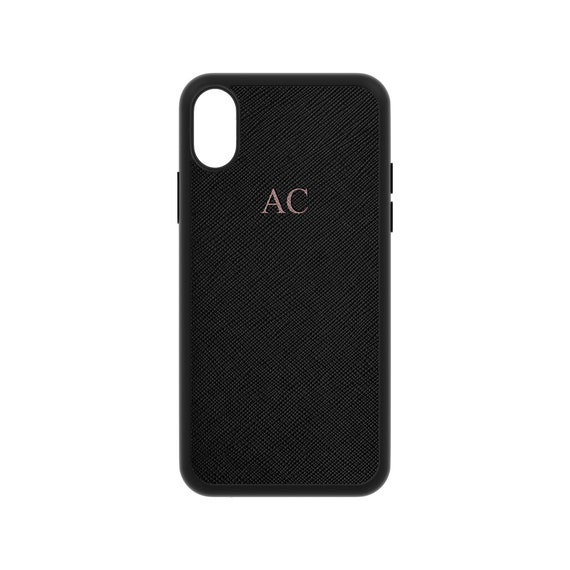 iPhoneXS MAX ケース サフィアーノレザー 黒×シルバーロゴ　エンボス org.jpg