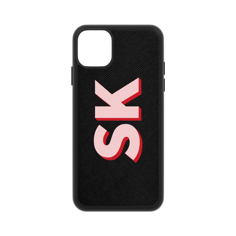 Black Leather iPhone 14 Pro Max Phone Case, iPhone 13 12 11 Mini XS Xr X Plus Saffiano Monogram Initials Customised Personalised Shadow Text 