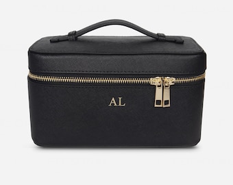 Personalized Saffiano Leather Train Case: Custom Toiletry Makeup Vanity Bag