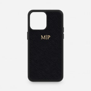 Gepersonaliseerde lederen iPhone 16 Pro Max telefoonhoes, Saffiano iPhone 15 14 13 12 11 Plus Mini XS X XR monogram initialen aangepaste foliedruk