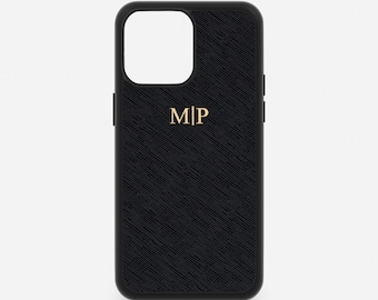 Personalised Leather iPhone 15 Pro Max Phone Case, Saffiano iPhone 14 13 12 11 Plus Mini XS X XR Monogram Initials Customised Hot Foil