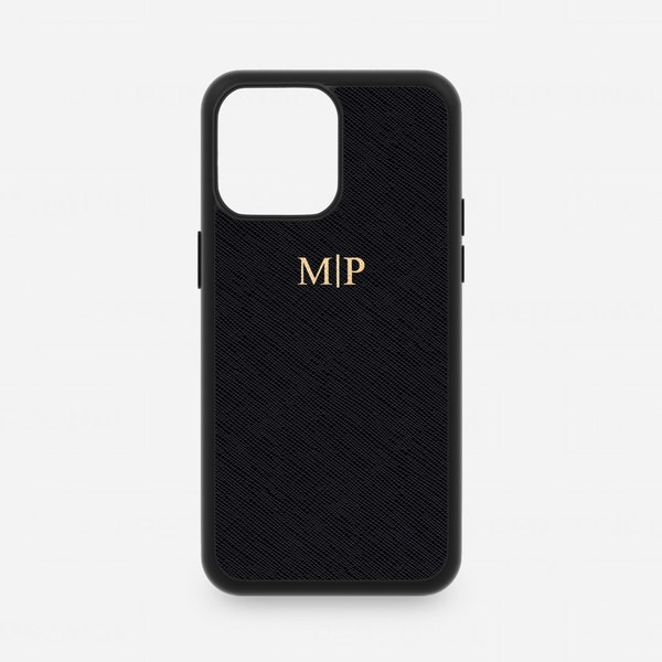 Personalised Leather iPhone 15 Pro Max Phone Case, Saffiano iPhone 14 13 12 11 Plus Mini XS X XR Monogram Initials Customised Hot Foil