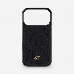 Funda personalizada MAGSAFE de cuero negro para iPhone 17, funda para iPhone 16 Pro Max, funda MAGSAFE para iPhone 15+ con iniciales personalizadas 14