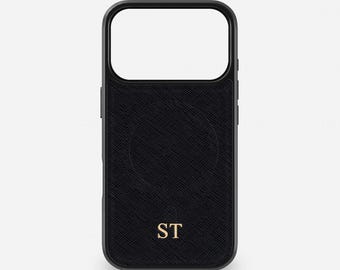 Personalised MAGSAFE Black Leather iPhone 17 Phone Case, iPhone 16 Pro Max Case, MAGSAFE iPhone 15 Plus Monogram Initials Customised 14