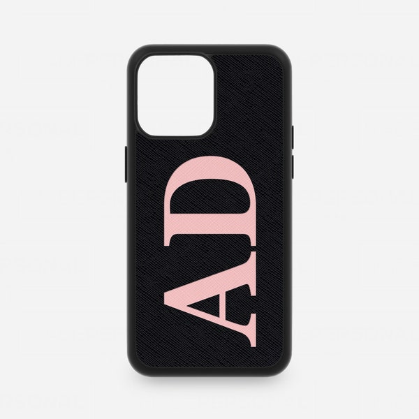 Leather Phone Case, Personalised Large Initials iPhone 14 Pro Max Black Leather Case, iPhone 13 12 11 Mini Xr X Monogram Initials Customised