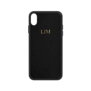 Black Saffiano Leather Embossed iPhone 13, 12 and 11 Pro Max Case Mini Xs Xr X 8 Plus 7 Monogram Initials Customised Hot Foil Personalised iPhone XS Max