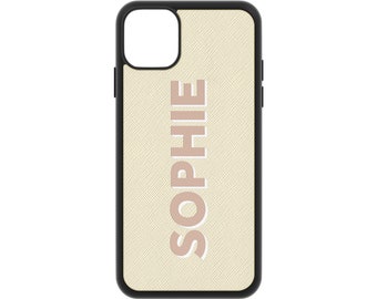 iPhone 14 Leather Phone Case, Personalised 13 Pro Max Ivory Saffiano Leather Case 12 11 XS Xr X Monogram Initials Real Cover Shadow Text