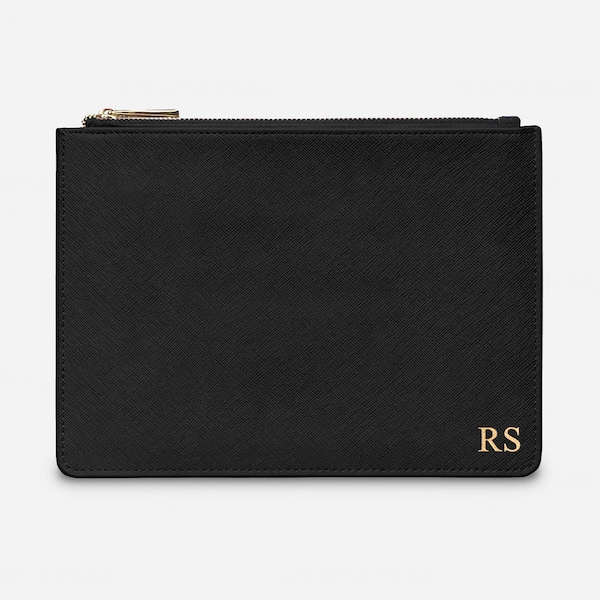 Black Saffiano Leather Pouch Bag, Bridesmaid Gift, Clutch Bag, Monogram, Initials