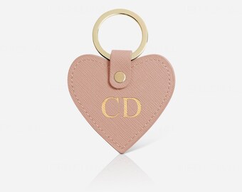 Personalized Taupe Leather Heart Keychain: Saffiano Monogram Key Fob