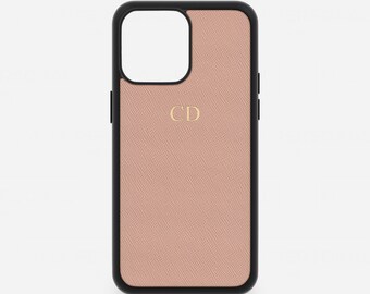 Saffiano Leather iPhone Case, Taupe Nude, Custom Initials