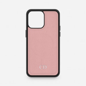 Gepersonaliseerde MAGSAFE blush roze lederen iPhone 16 Pro telefoonhoesje, iPhone 15 Pro Max-hoesje, MAGSAFE iPhone 14 monogram initialen aangepast