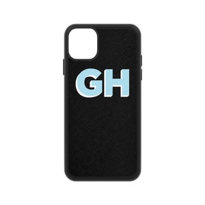 Coque noire en cuir Saffiano pour iPhone 15 Pro Max 14 13 12 11 Mini Xs Xr X 8 Plus 7 monogramme initiales, couverture personnalisée texte ombré personnalisé