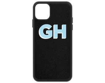 Black Saffiano Leather iPhone 17 Pro Max Case 16 15 14 13 12 11 Mini Xs Xr Plus Monogram Initials Cover Customised Personalised Shadow Text