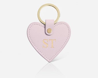 Personalised Pink Leather Heart Keyring, Genuine Saffiano Leather Keychain, Monogram Key Fob, New home gift
