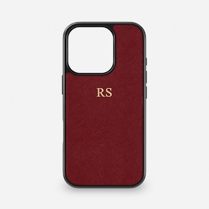 Coque de portable gaufrée en cuir saffiano bordeaux, personnalisée pour iPhone 16 Pro Max, coque monogramme pour 15, 14 ans et plus 13 ans, 12 ans 11 ans