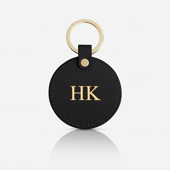 Black Leather Keychain, Personalised Saffiano Leather Keyring, Monogram Key Fob, New Home Gift