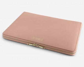 Personalised 14 inch Leather Laptop Sleeve Macbook M5, Macbook Pro M4 Case, Genuine Saffiano Leather, Customise with Names or Initials