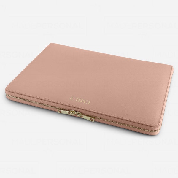 Personalised 14 inch Leather Laptop Sleeve, Macbook Pro M2 Case, Genuine Saffiano Leather, Customise with Names or Initials