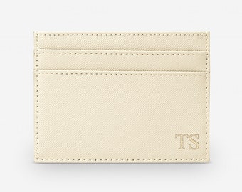 Personalised Card Holder, Cream Saffiano Leather, Monogrammed Leather Credit Card Wallet, Personalized, Wedding Gift Ideas, Genuine Leather