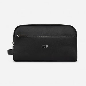 Trousse de toilette en cuir personnalisée avec bandoulière, trousse de toilette en cuir saffiano noir, trousse de maquillage Initiales, cadeau de voyage pour papa, fête des pères