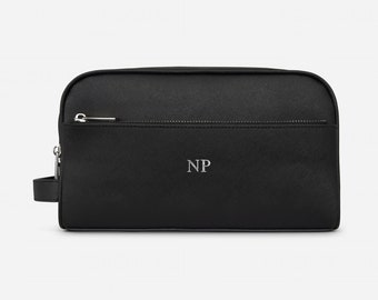 Personalised Leather Wash Bag with Strap, Black Saffiano Leather Toiletry Bag, Initials Makeup Bag, Travel Gift For Dad, Fathers Day