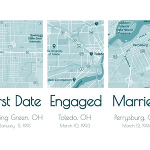 May include: A graphic showing three maps of cities in Ohio, with the text "First Date", "Engaged", and "Married" below each map. The dates "January 5, 1991", "March 10, 1993", and "March 12, 1994" are listed below each city name.