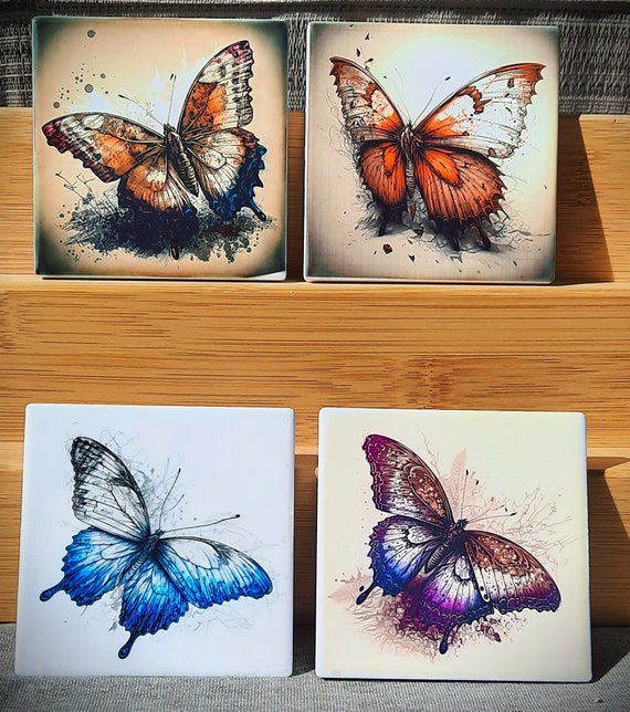 Butterfly 4 coaster set. Beautiful, vibrant watercolor sublimation coasters  with cork backing.