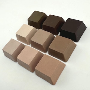 Puede incluir: Un surtido de nueve objetos cuadrados en varios tonos de marrón, desde beige claro hasta chocolate oscuro. Los objetos están dispuestos en un patrón de cuadrícula, mostrando una gama de colores y tonos.