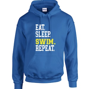 Eat Sleep Swim Repeat Hoodie unissex adulto jovem, moletom de natação, presente de nadador, moletom de equipe de natação, citação da vida cotidiana, vida de nadador