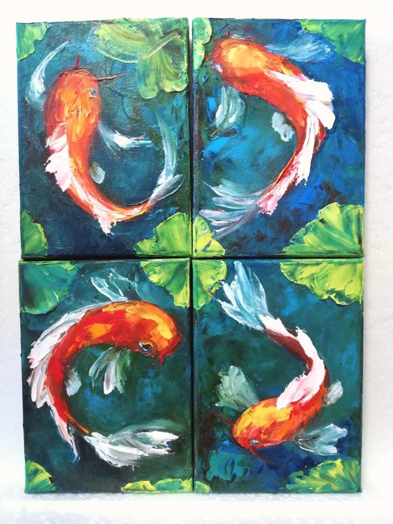 Set of 4 Koi fishes Oil Original painting Koi fish Artwork Oil Etsy