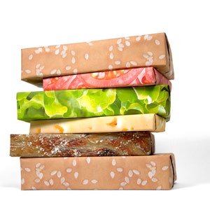 Cheeseburger Wrapping Paper Set | Funny Gift Wrap For Multiple Presents | Hamburger | Meat | Cheese | Lettuce | Tomato | Bun | Father's Day