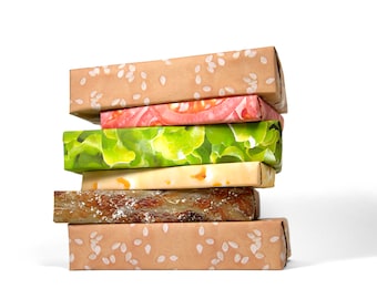 Cheeseburger Wrapping Paper Set | Funny Gift Wrap For Multiple Presents | Hamburger | Meat | Cheese | Lettuce | Tomato | Bun | Father's Day