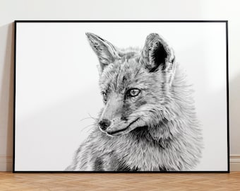 Fox Print | Graphite Drawing | Giclée Print | Black & White | Animal Wall Art | Cobbled Fox