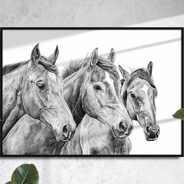 Impression d'art de chevaux | Dessin au graphite | Dessin de cheval | Impression Giclée | Noir & Blanc | Art mural animalier | Équitation | Brandon Andrew Art