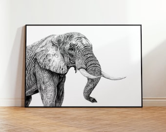 Elephant Print | Graphite Drawing | Giclée Print | Black & White | Animal Wall Art | Cobbled Fox