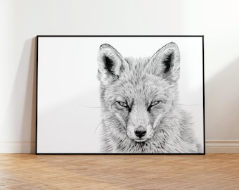 Fox Graphite Drawing | Black and White Giclée Animal Print | Hand-Drawn