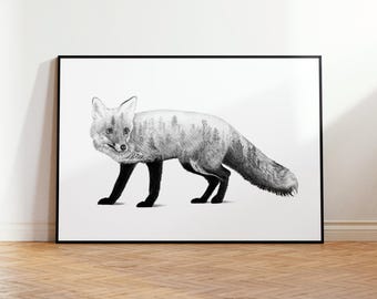 Fox Double Exposure Graphite Drawing | Black and White Giclée Forest Animal Art Print | Hand-Drawn