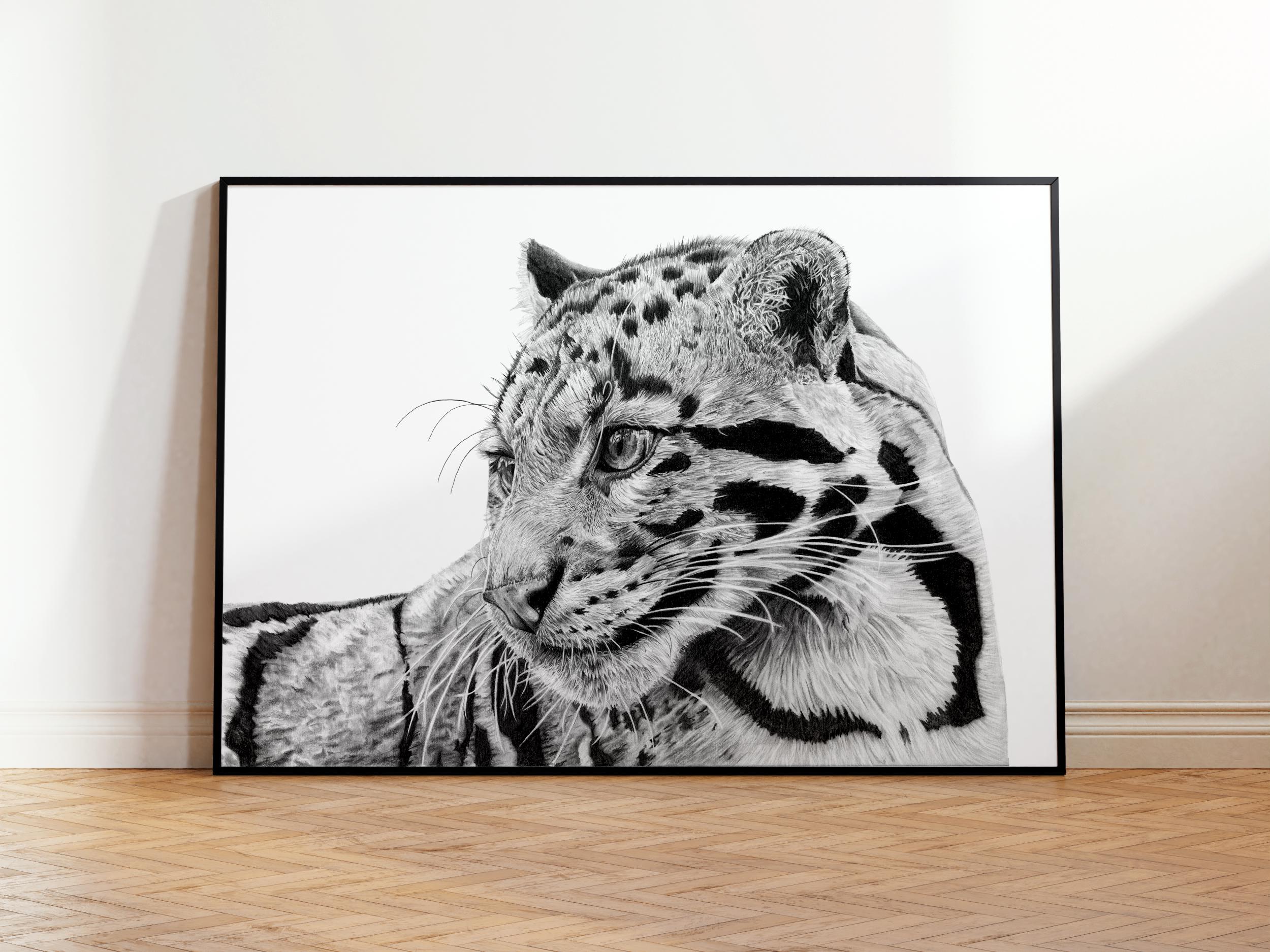 Clouded Leopard Print | Graphite Drawing | Giclée Print | Black & White | Animal Wall Art | Cobbled Fox