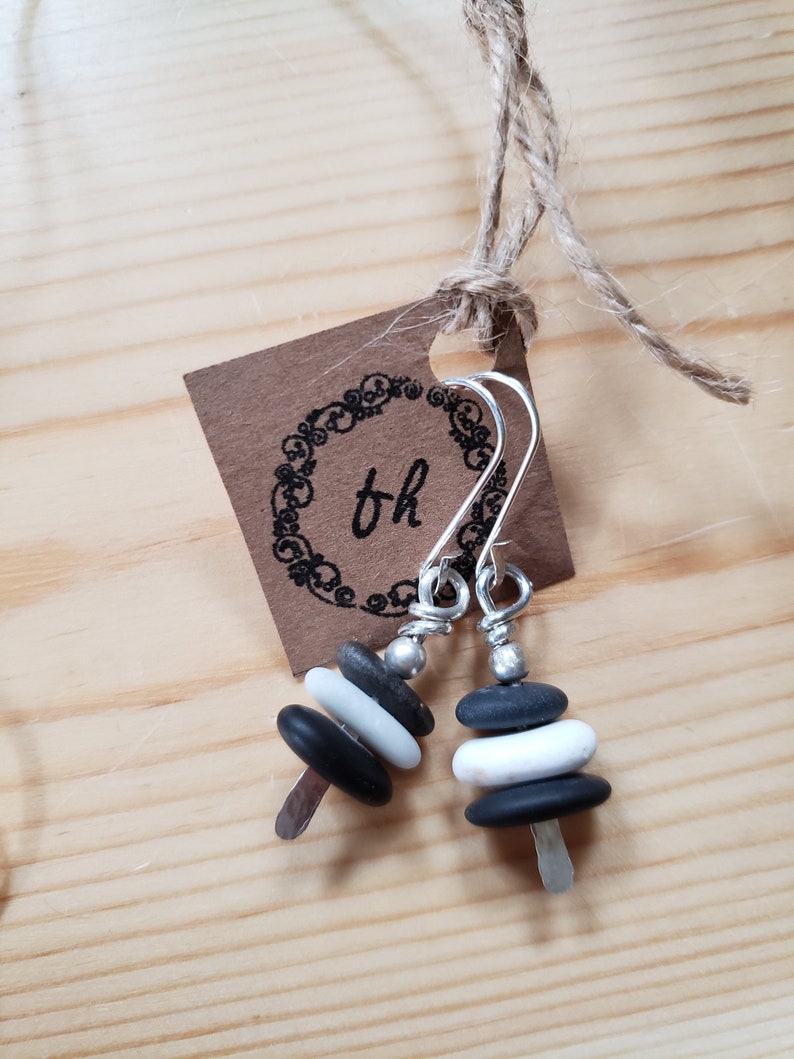 Beach Stone Cairn and Hammered Sterling Earrings